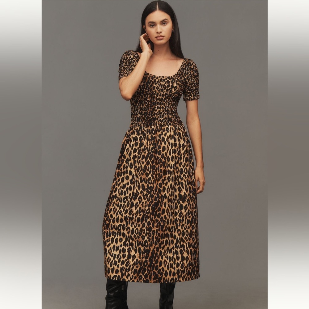 Damson Madder Malinda Smocked Short-Sleeve Midi Dress in Leopard Organic Cotton